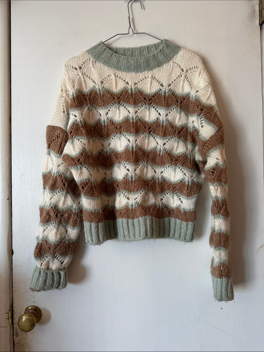 Zara Striped Pointelle Knit Crewneck Chunky Sweater Cream, Brown & Sage Large